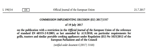 【欧盟】发布EN60335-2-9执行的限制条件决议 